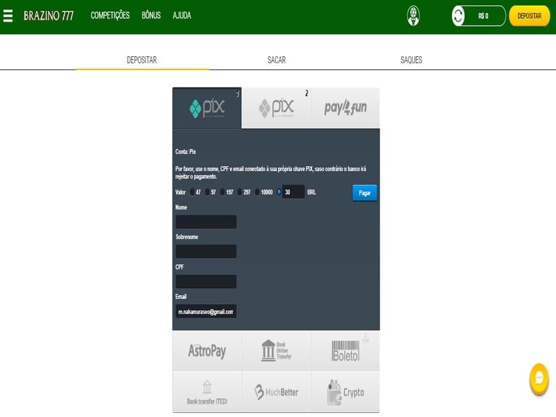 Deposits at Brazino 777